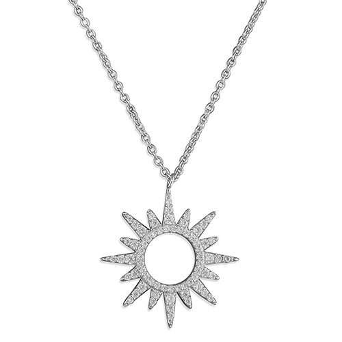 Sterling Silver CZ Sunburst Necklace 925 Sterling Silver Rhodium-Plated