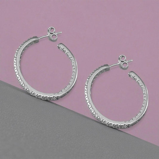 Sterling Silver CZ Hoop Earrings 35mm, 925Sterling Silver Rhodium-Plated