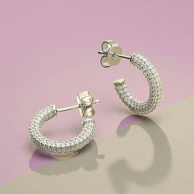 Sterling Silver CZ Pave Mini Hoop Earrings 15mm, 925 Sterling Silver Rhodium-Plated