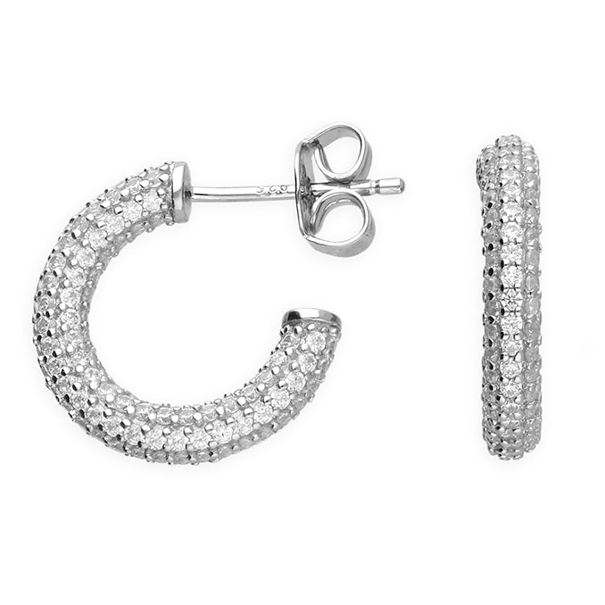Sterling Silver CZ Pave Mini Hoop Earrings 15mm, 925 Sterling Silver Rhodium-Plated