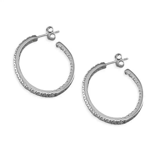 Sterling Silver CZ  Hoop Earrings  35mm, 925Sterling Silver Rhodium-Plated